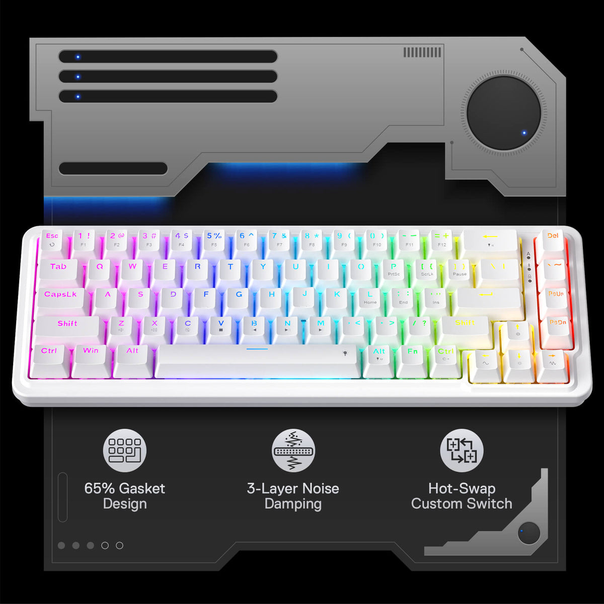 Redragon EU K709 65% Wired Gasket RGB Gaming Keyboard, 68 Keys Hot-Swap Compact Mechanical Keyboard w/Free-Mod Socket, 3-Layer Noise Dampening & Dedicated Arrow Keys, Quiet Custom Linear Switch