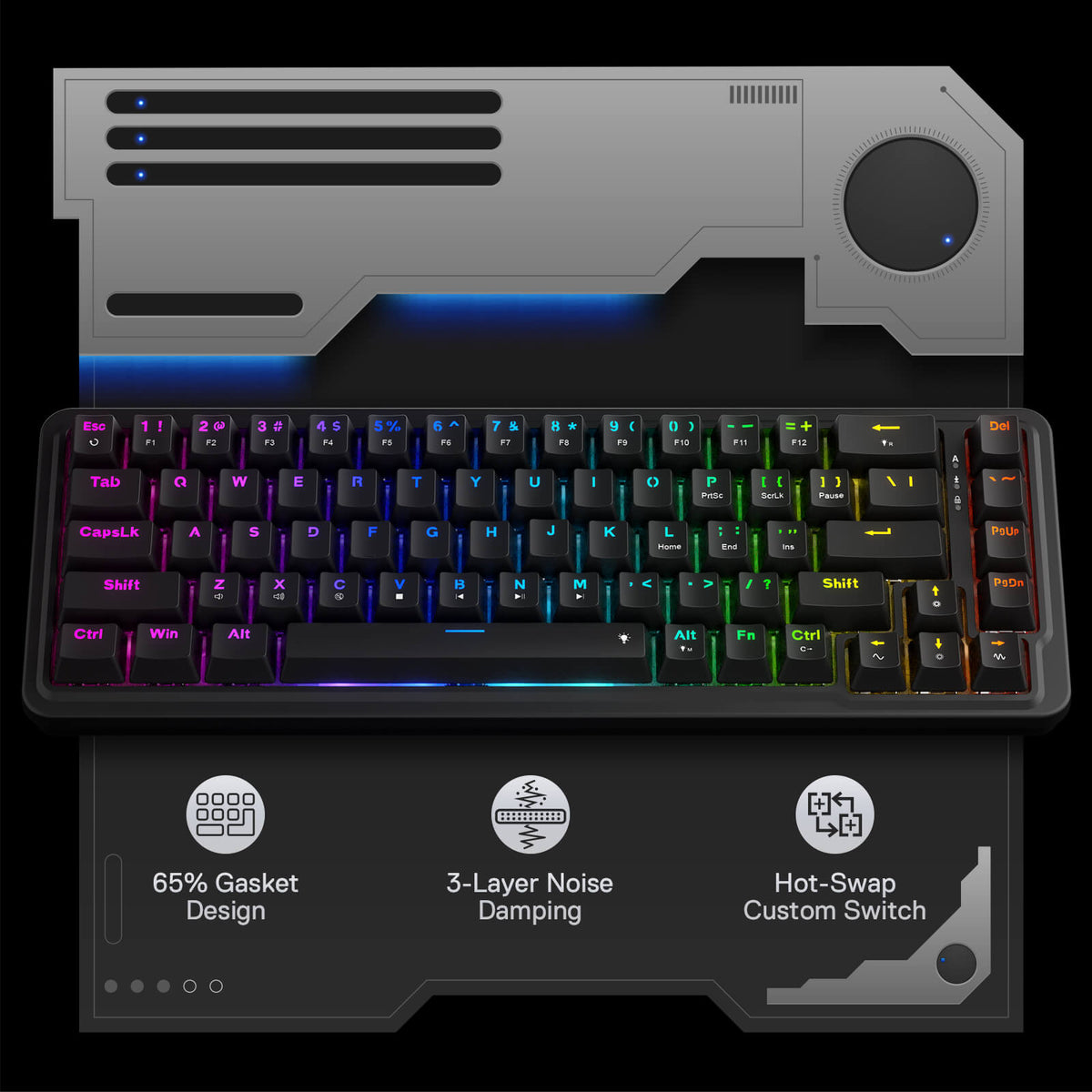 Redragon EU K709 65% Wired Gasket RGB Gaming Keyboard, 68 Keys Hot-Swap Compact Mechanical Keyboard w/Free-Mod Socket, 3-Layer Noise Dampening & Dedicated Arrow Keys, Quiet Custom Linear Switch