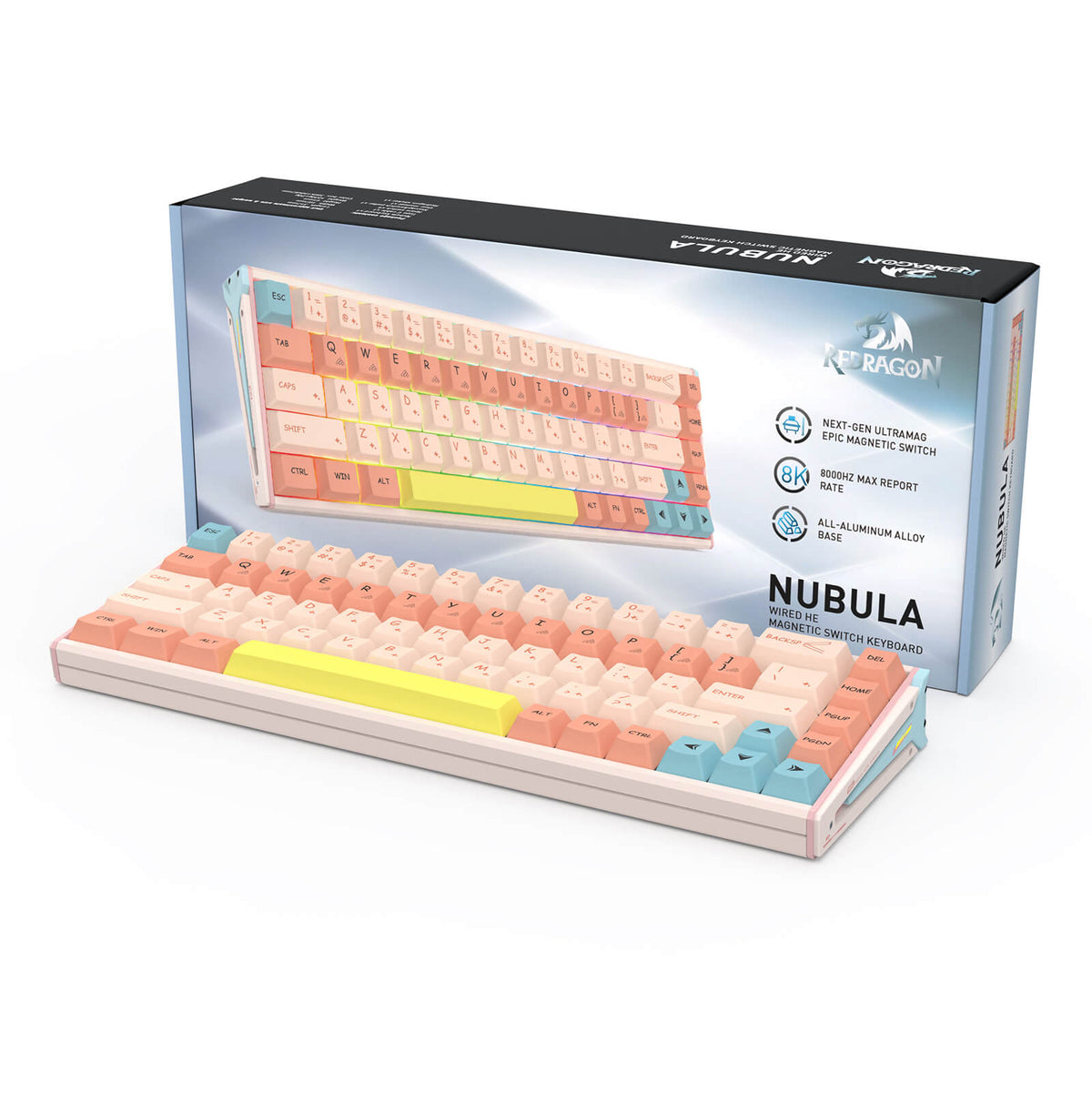 Nubula mechanical keyboard and its retail packaging box, featuring pastel peach, cream, and light blue keycaps with a bright yellow accent bar, set against a clean white background.