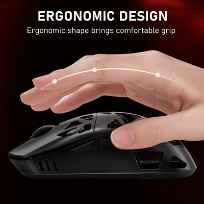 Ergonomic mouse with a hand demonstrating comfortable grip on a dark background