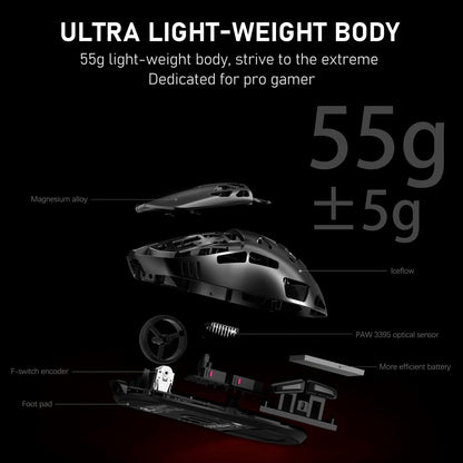Lightweight gaming mouse with specifications on a black background