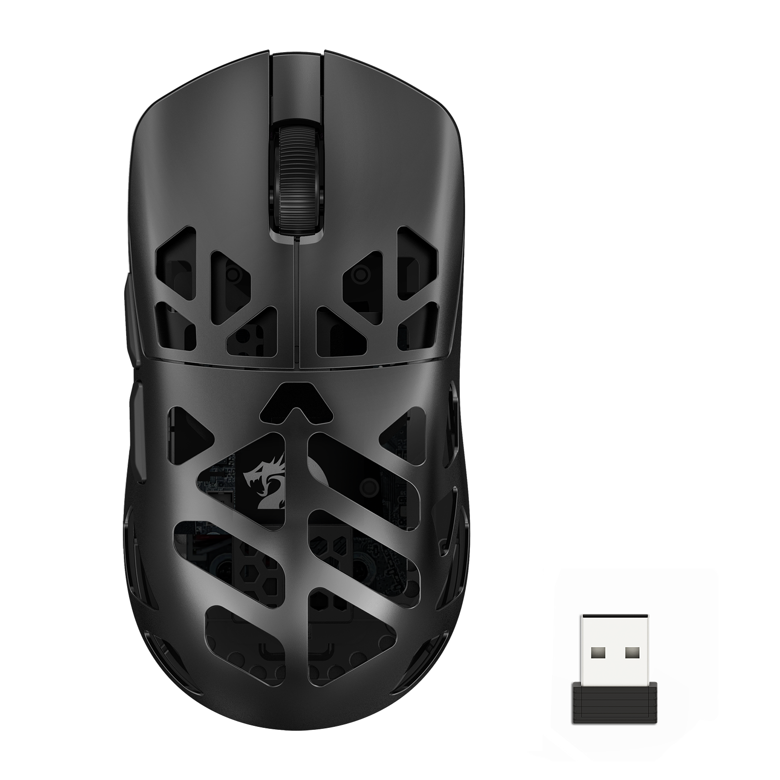 Black gaming mouse with USB receiver on a white background