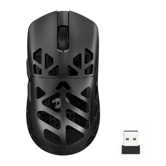 Black gaming mouse with USB receiver on a white background