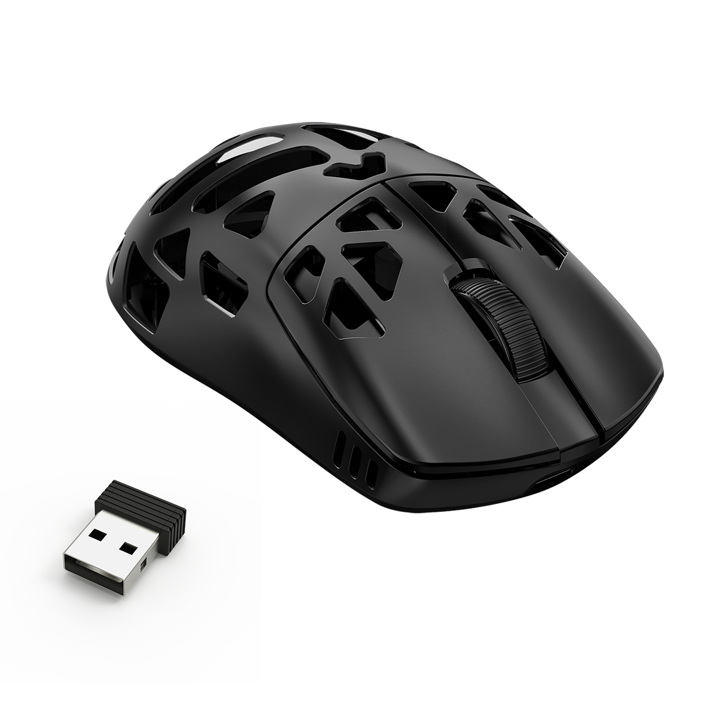Black gaming mouse with USB receiver on a white background