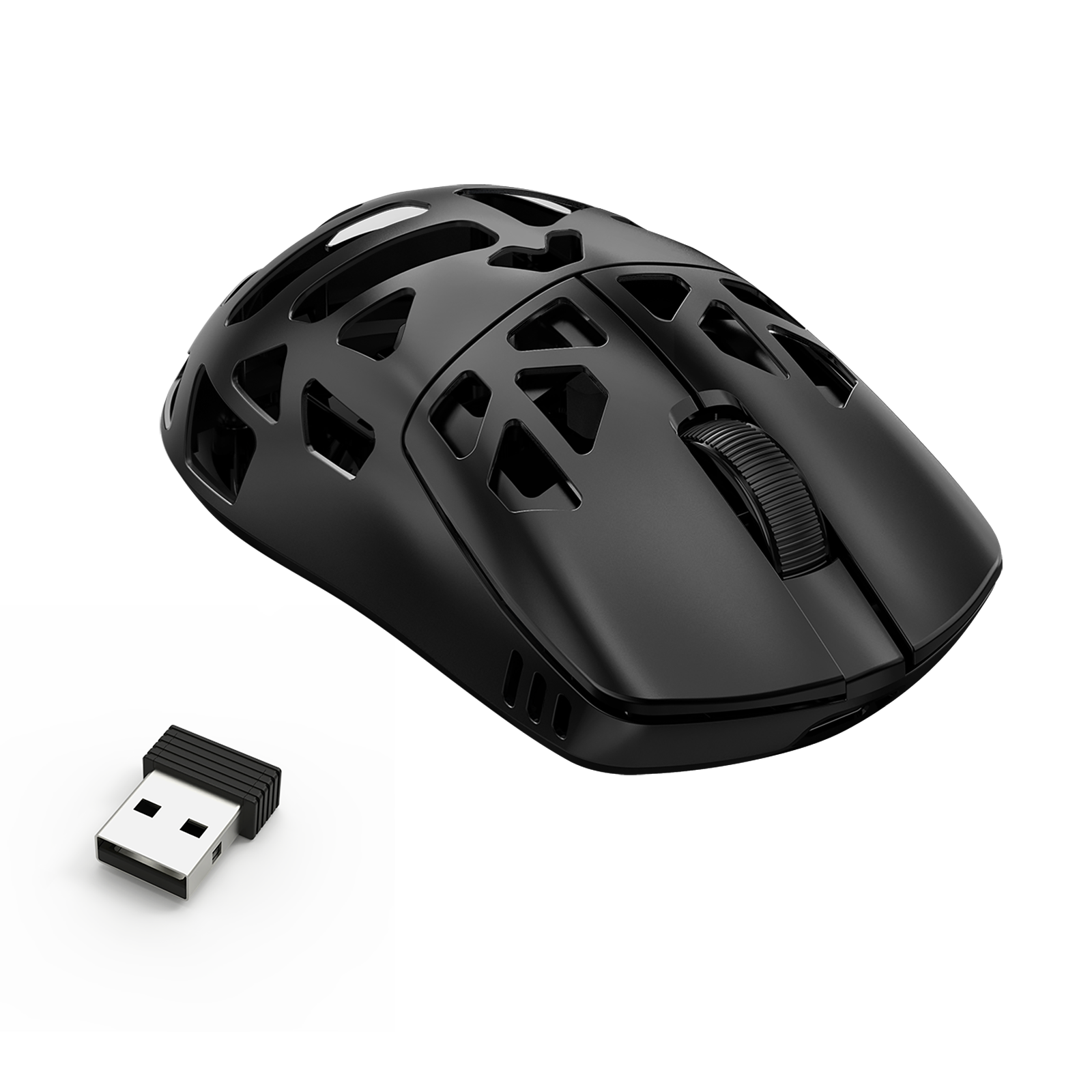 Black gaming mouse with USB receiver on a white background