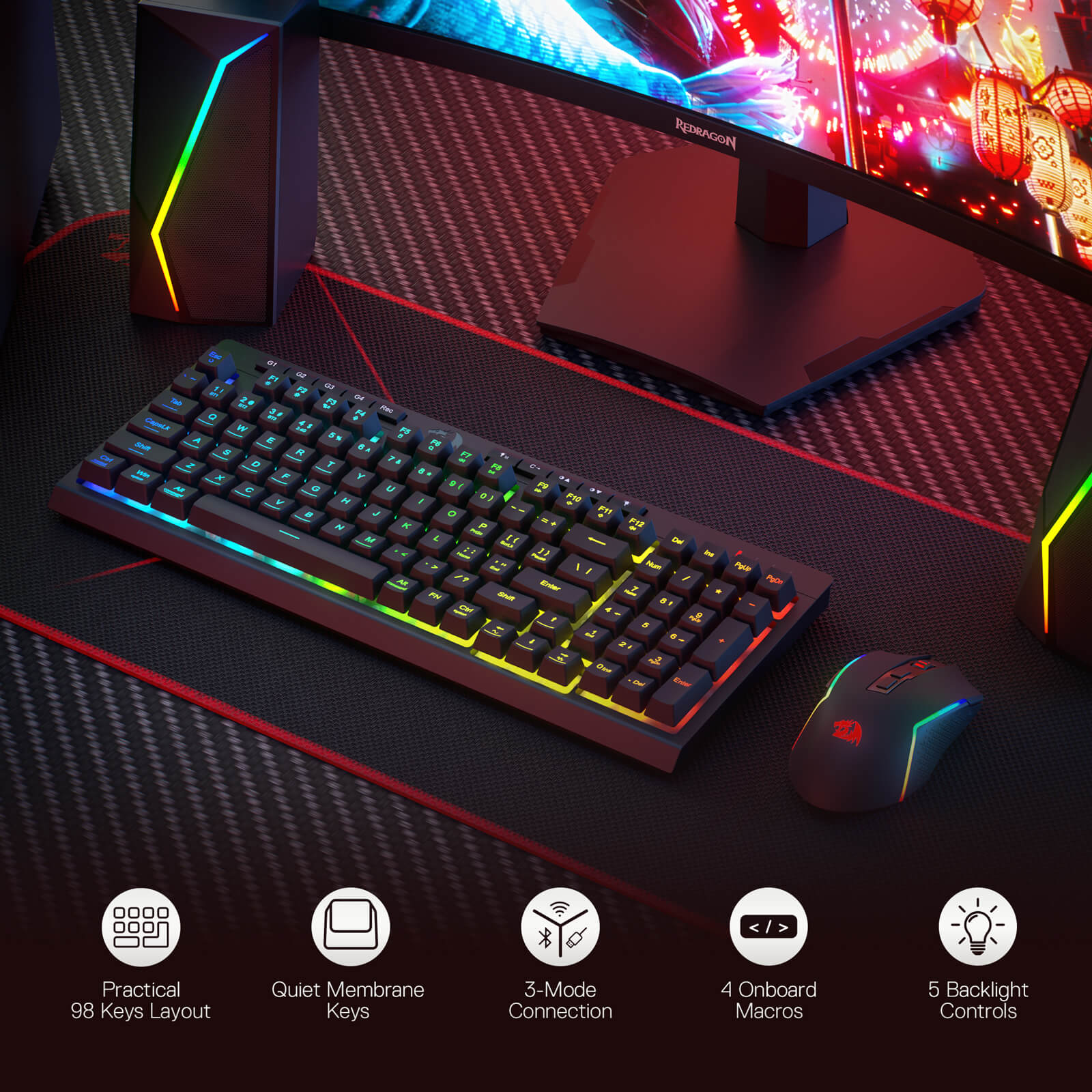 Redragon EU  S142 Wireless Gaming Keyboard & Mouse Combo, 98 Keys K515 PRO Wireless RGB Membrane Keyboard and 4800 DPI Wireless 2.4Ghz Gaming Mouse Bundle, Convenient Shared Dongle