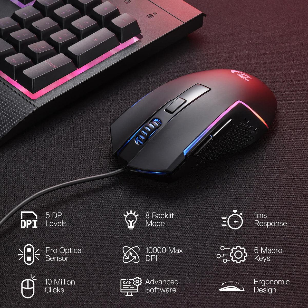Redragon EU M616 Gaming mouse with RGB lighting on a dark surface next to a keyboard, with feature icons displayed.