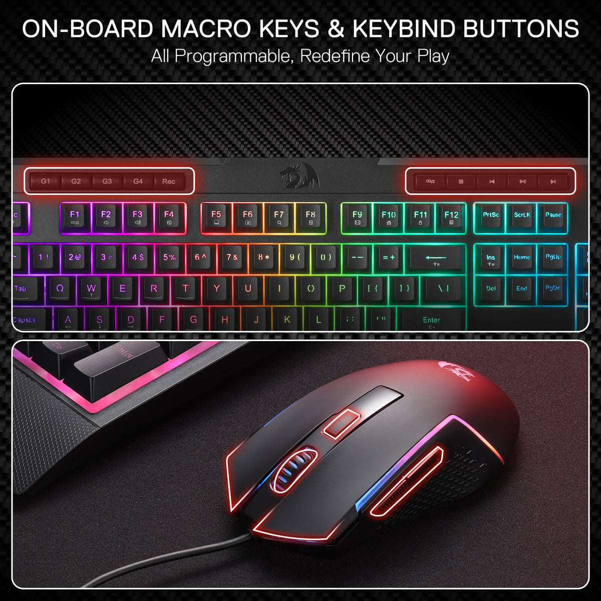 Redragon EU S151 Gaming keyboard and mouse set with on-board macro keys and keybind buttons on a dark background.