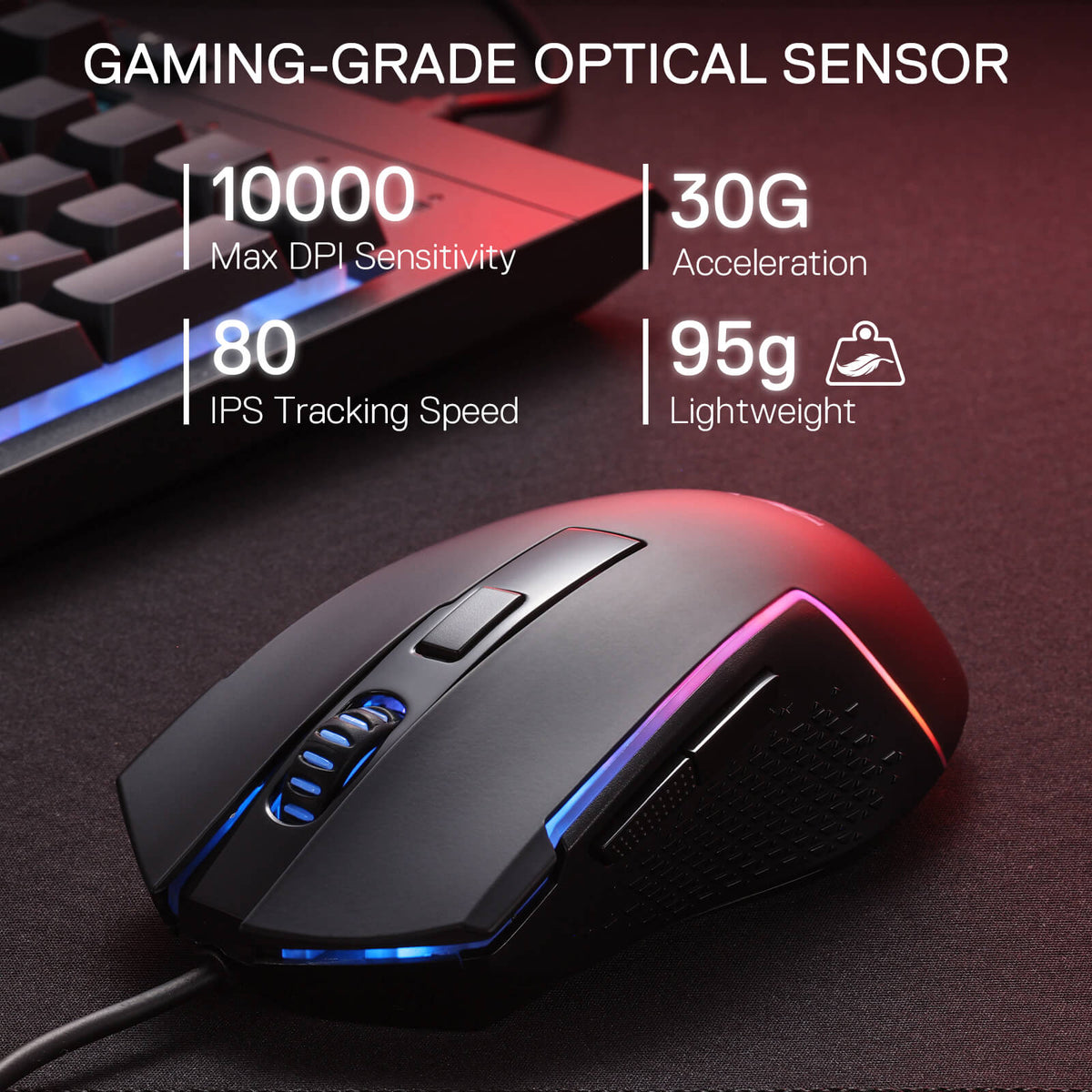 Redragon EU M616 Gaming mouse with RGB lighting on a dark surface, featuring gaming-grade optical sensor specifications.