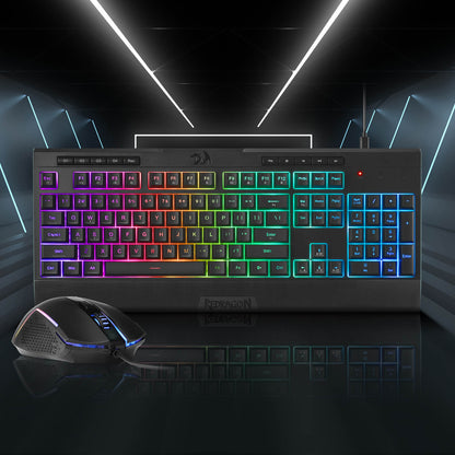 Redragon EU S151 Gaming Keyboard & Mouse Combo Gaming keyboard with RGB lighting and mouse on a dark background