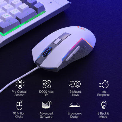 Redragon EU M616 White gaming mouse with RGB lighting on a dark surface, next to a keyboard.