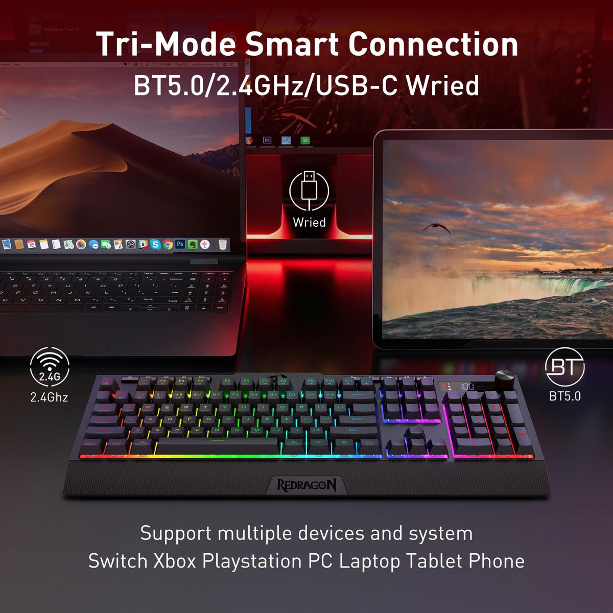 Redragon EU K525 PRO RGB Wireless Membrane Gaming Keyboard, Screen + Knob
3-Mode Linear Mechanical-Feel Switch, 4 Extra On-Board Macro Keys, Dedicated Media & Display Control, Ergonomic Wrist Rest