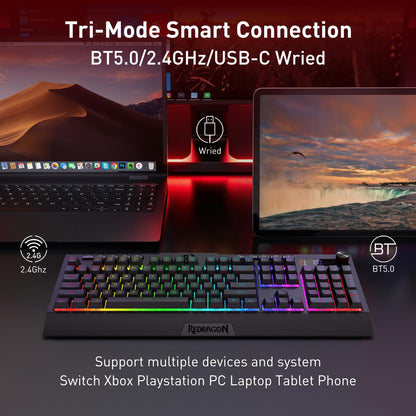 Redragon EU K525 PRO RGB Wireless Membrane Gaming Keyboard, Screen + Knob
3-Mode Linear Mechanical-Feel Switch, 4 Extra On-Board Macro Keys, Dedicated Media & Display Control, Ergonomic Wrist Rest