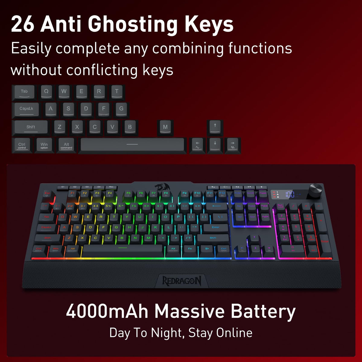 Redragon EU K525 PRO RGB Wireless Membrane Gaming Keyboard, Screen + Knob
3-Mode Linear Mechanical-Feel Switch, 4 Extra On-Board Macro Keys, Dedicated Media & Display Control, Ergonomic Wrist Rest