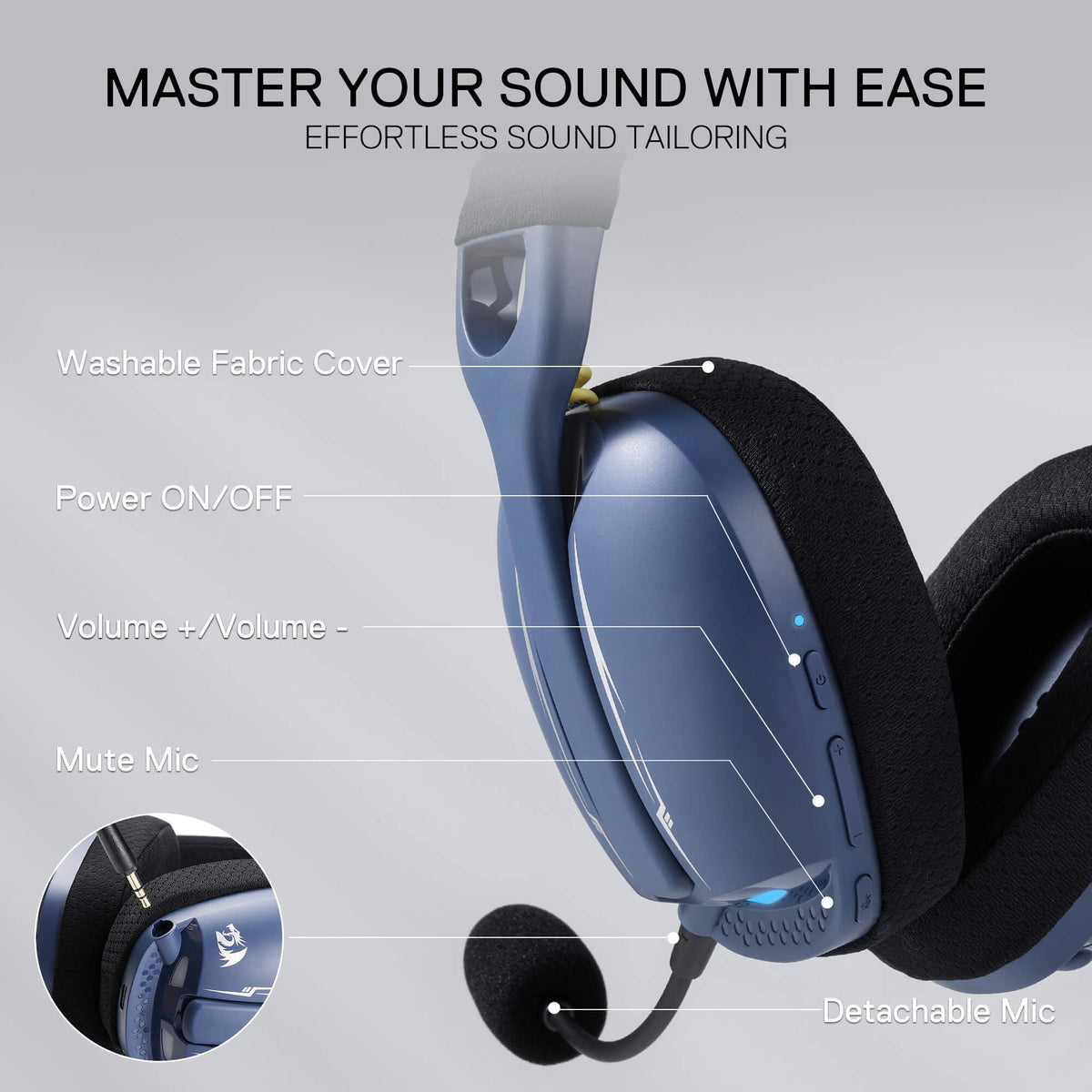Redragon EU SKULD PRO H878 Wireless Gaming Headset – 3-Mode Connectivity, 7.1 Surround Sound, Noise-Cancelling Mic, Blue LED, Long Battery Life, Lightweight Design for PC, Console, and Mobile Gaming