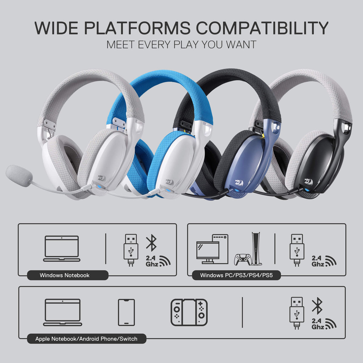 Redragon EU SKULD PRO H878 Wireless Gaming Headset – 3-Mode Connectivity, 7.1 Surround Sound, Noise-Cancelling Mic, Blue LED, Long Battery Life, Lightweight Design for PC, Console, and Mobile Gaming
