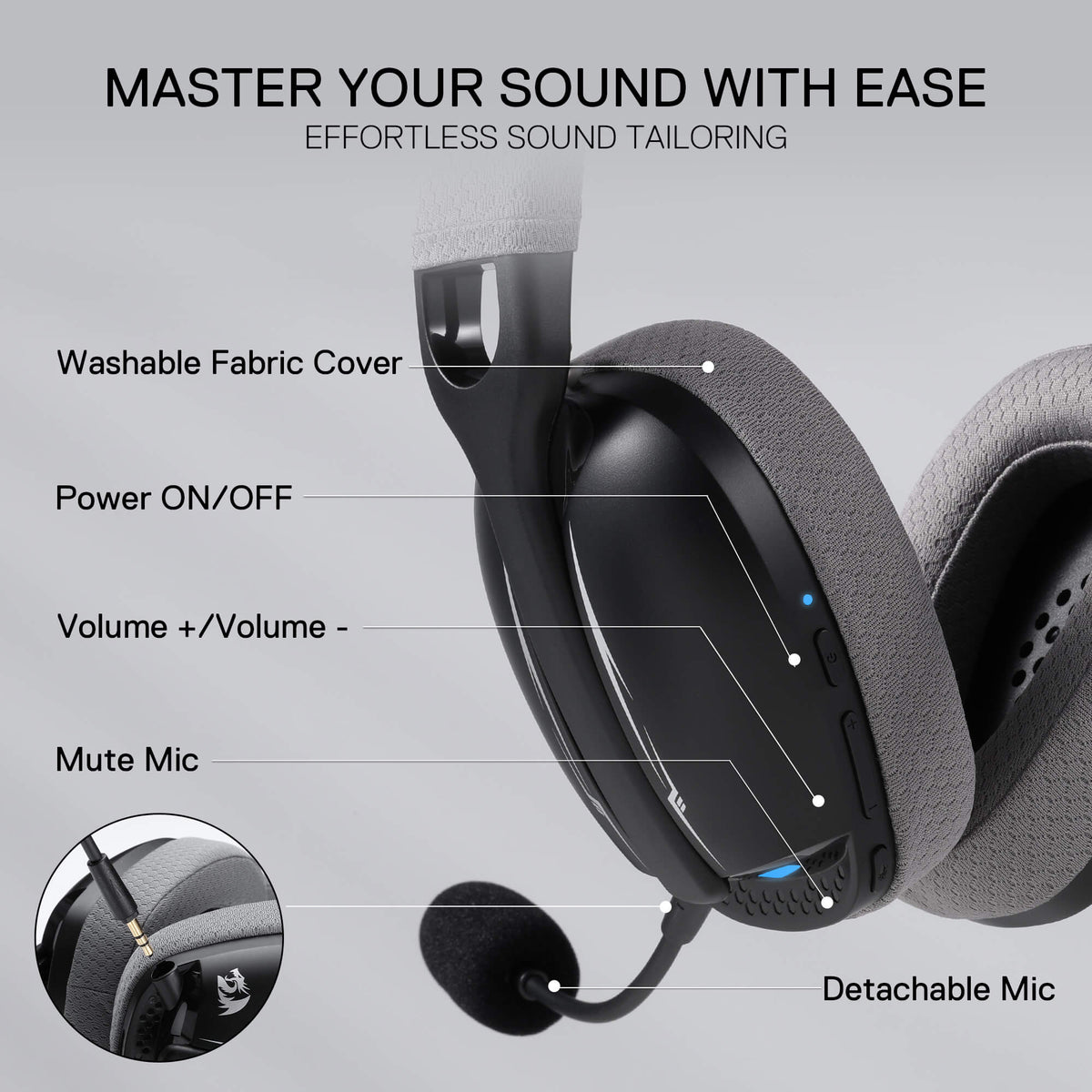 Redragon EU SKULD PRO H878 Wireless Gaming Headset – 3-Mode Connectivity, 7.1 Surround Sound, Noise-Cancelling Mic, Blue LED, Long Battery Life, Lightweight Design for PC, Console, and Mobile Gaming