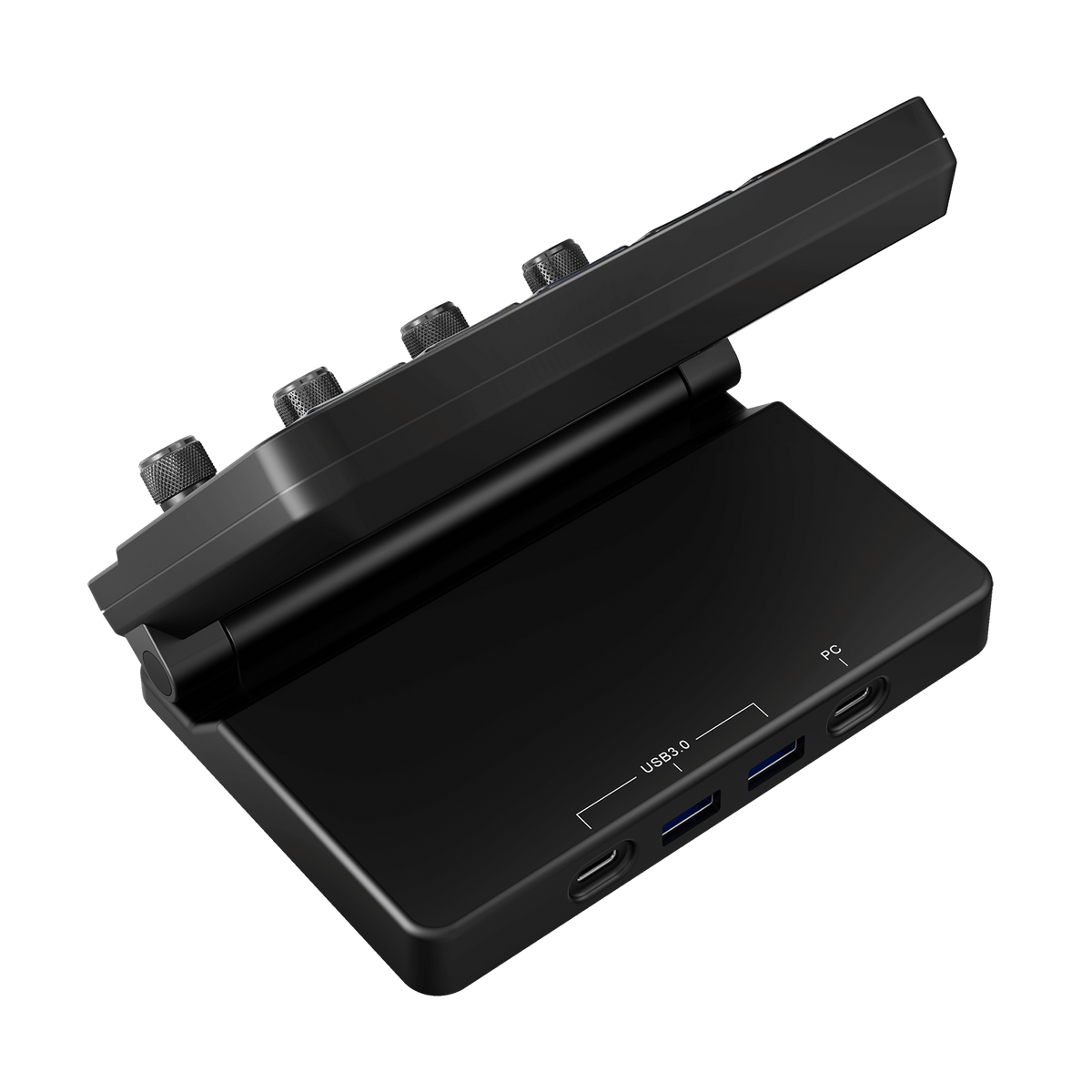 Black USB hub with multiple ports on a white background