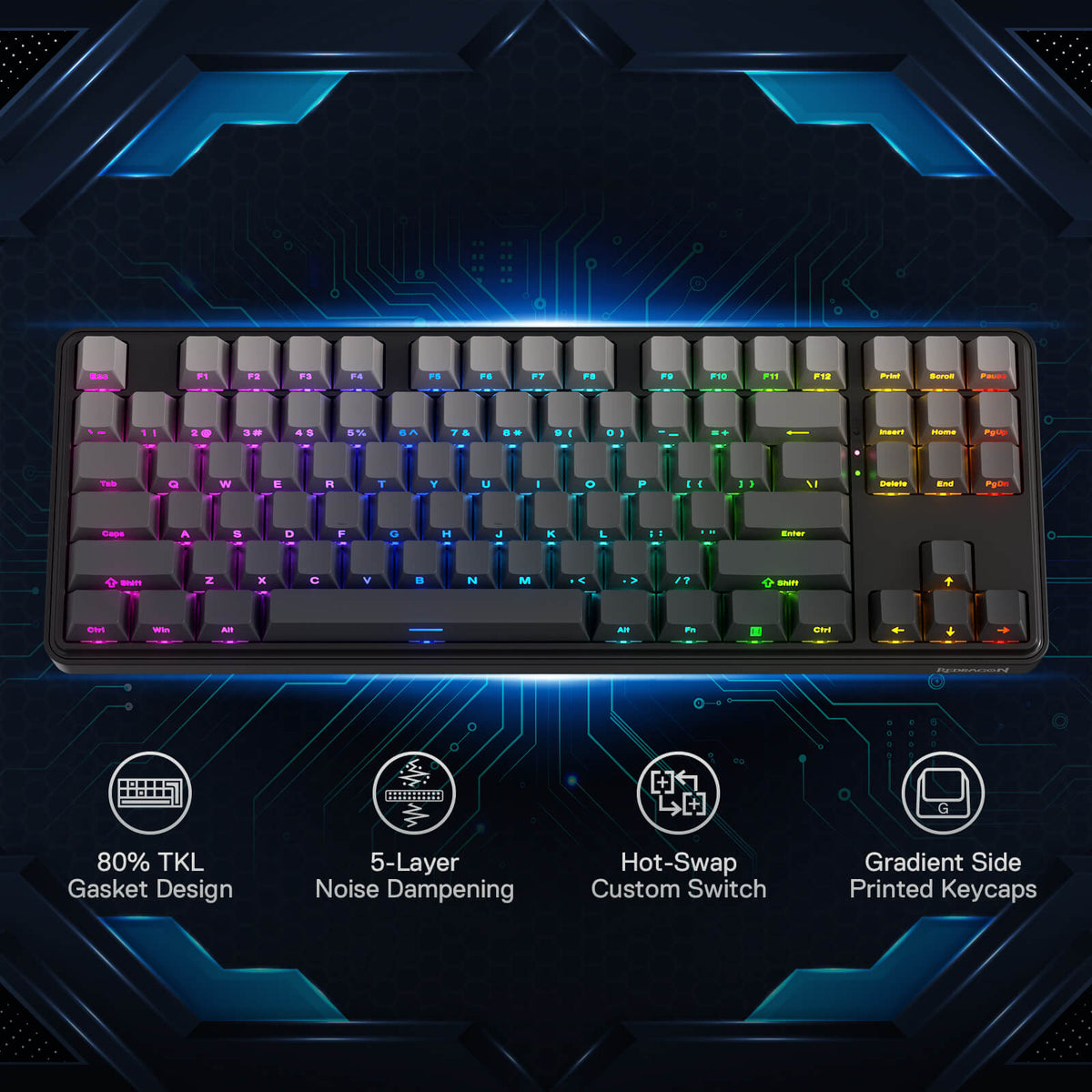 Redragon EU K707 PRO Gradient 80% Wireless Mechanical Gaming Keyboard – Hot-Swappable TKL with Tri-Mode (USB-C, Bluetooth 5.0, 2.4GHz), Quiet Linear Switches, Noise Dampening, Side-Printed PBT Keycaps, RGB Backlit, Customizable