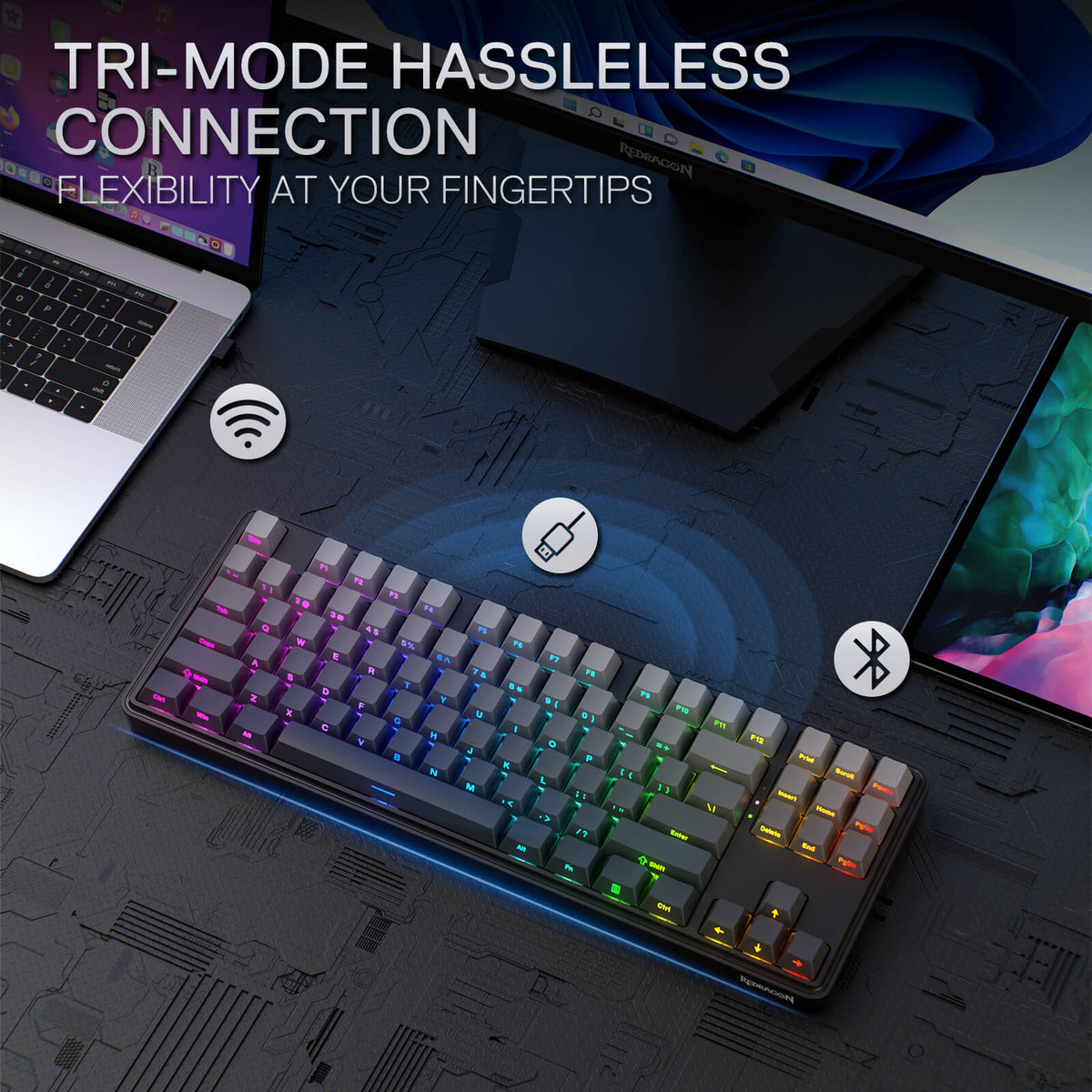 Redragon EU K707 PRO Gradient 80% Wireless Mechanical Gaming Keyboard – Hot-Swappable TKL with Tri-Mode (USB-C, Bluetooth 5.0, 2.4GHz), Quiet Linear Switches, Noise Dampening, Side-Printed PBT Keycaps, RGB Backlit, Customizable