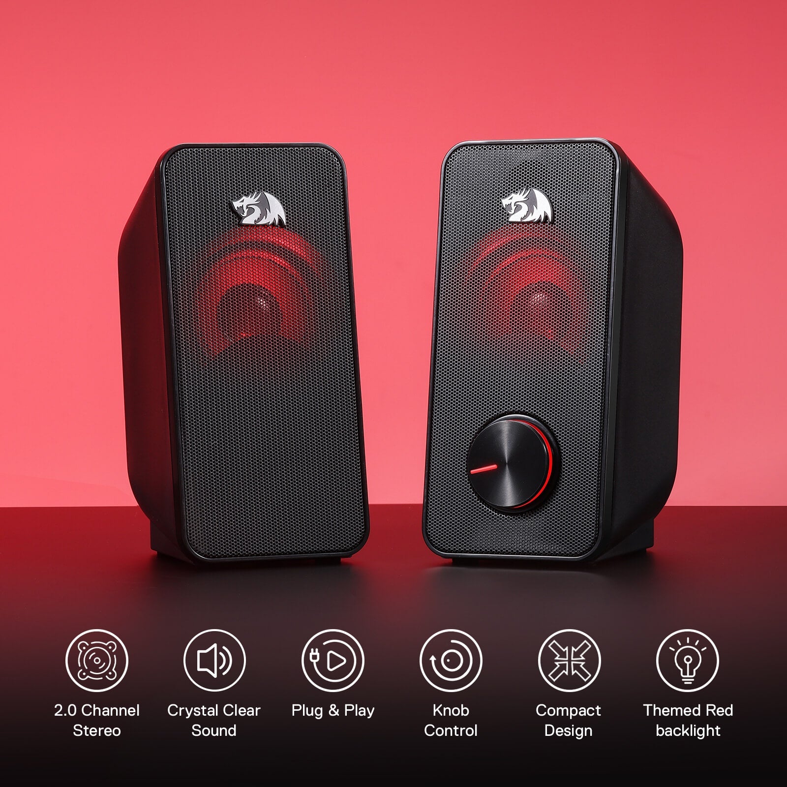 Redragon EU GS500 Stentor PC Gaming Speaker, 2.0 Channel Stereo Desktop Computer Speaker with Red Backlight, Quality Bass and Crystal Clear Sound, USB Powered with a 3.5mm Connector