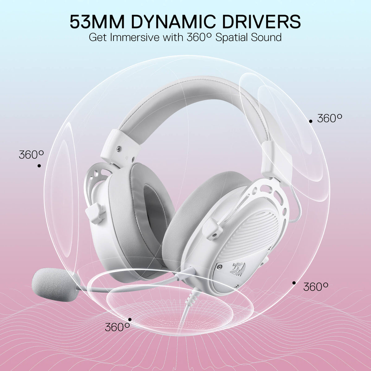Redragon EU H730 USB Wired Gaming Headset - 53mm Drivers, 360° Spatial Sound, Detachable Noise-Canceling Microphone, Magnetic Replaceable Ear Cushions, Over-Ear Headphones Works for PC/PS4/PS5, White