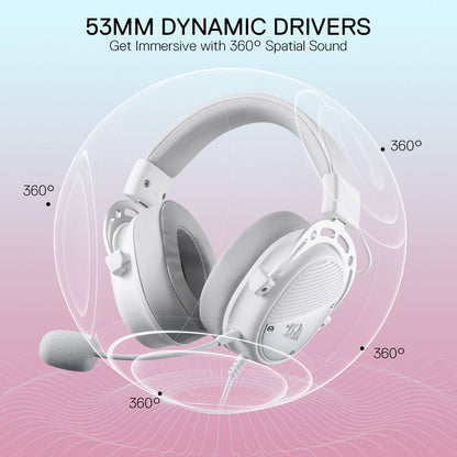 Redragon EU H730 USB Wired Gaming Headset - 53mm Drivers, 360° Spatial Sound, Detachable Noise-Canceling Microphone, Magnetic Replaceable Ear Cushions, Over-Ear Headphones Works for PC/PS4/PS5, White