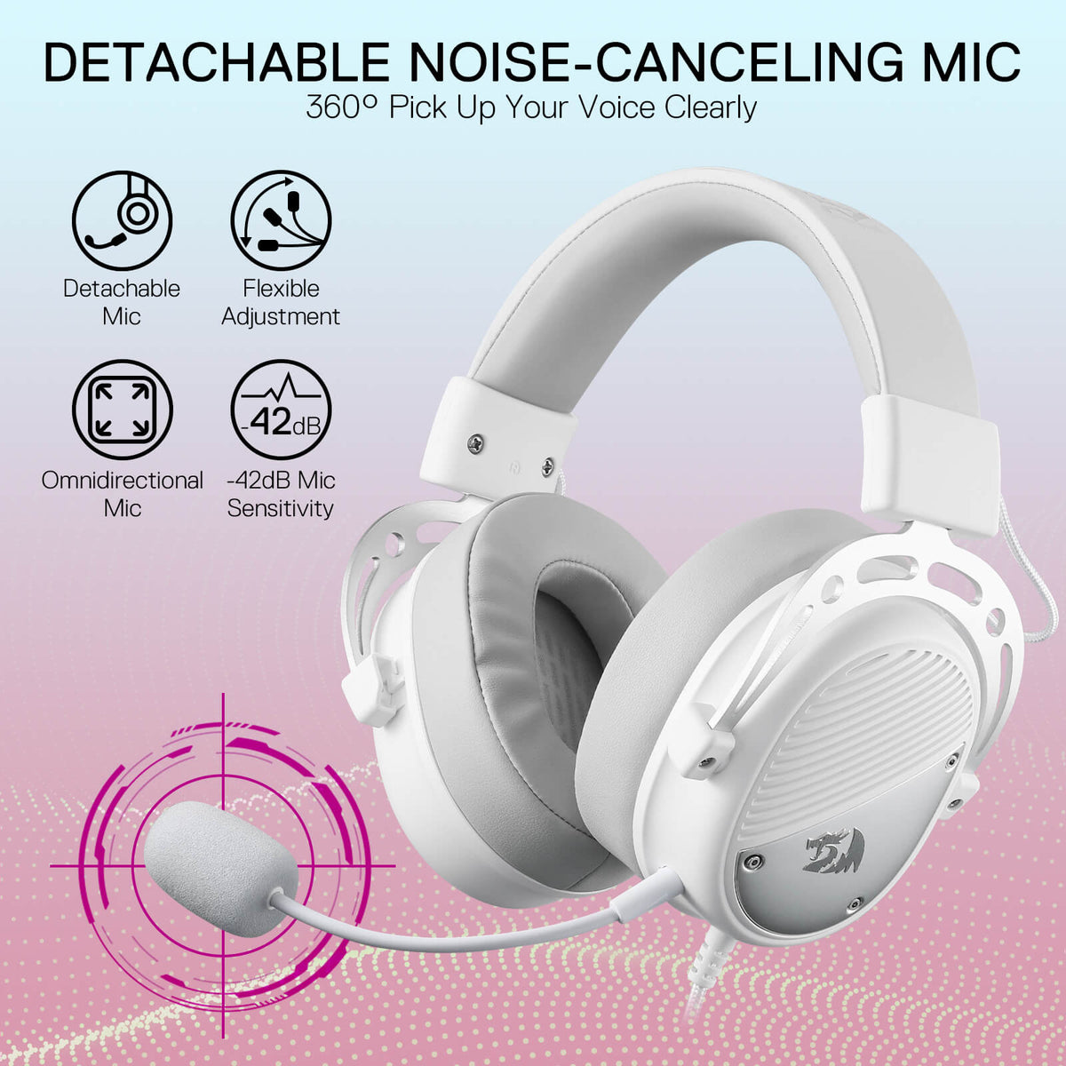 Redragon EU H730 USB Wired Gaming Headset - 53mm Drivers, 360° Spatial Sound, Detachable Noise-Canceling Microphone, Magnetic Replaceable Ear Cushions, Over-Ear Headphones Works for PC/PS4/PS5, White