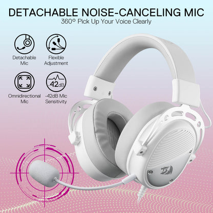 Redragon EU H730 USB Wired Gaming Headset - 53mm Drivers, 360° Spatial Sound, Detachable Noise-Canceling Microphone, Magnetic Replaceable Ear Cushions, Over-Ear Headphones Works for PC/PS4/PS5, White