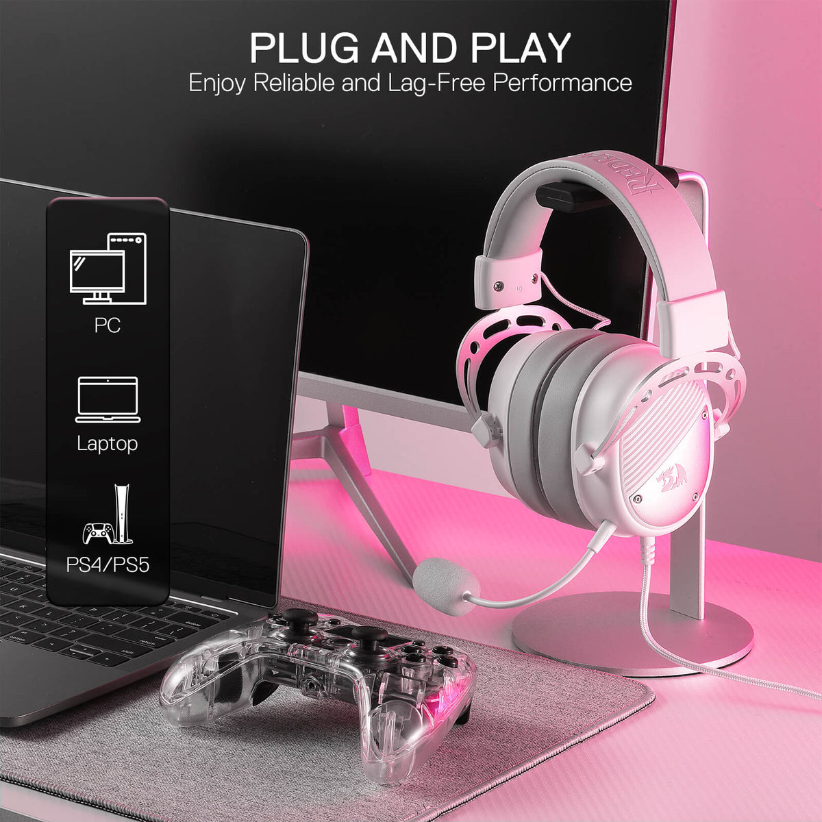Redragon EU H730 USB Wired Gaming Headset - 53mm Drivers, 360° Spatial Sound, Detachable Noise-Canceling Microphone, Magnetic Replaceable Ear Cushions, Over-Ear Headphones Works for PC/PS4/PS5, White