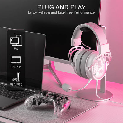 Redragon EU H730 USB Wired Gaming Headset - 53mm Drivers, 360° Spatial Sound, Detachable Noise-Canceling Microphone, Magnetic Replaceable Ear Cushions, Over-Ear Headphones Works for PC/PS4/PS5, White