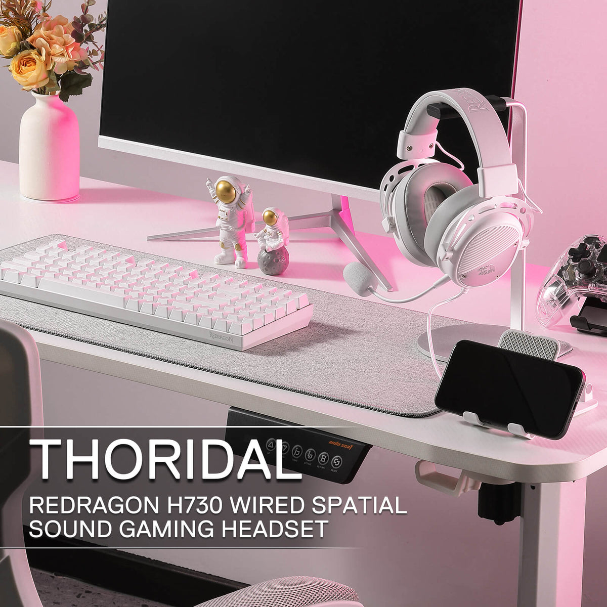 Redragon EU H730 USB Wired Gaming Headset - 53mm Drivers, 360° Spatial Sound, Detachable Noise-Canceling Microphone, Magnetic Replaceable Ear Cushions, Over-Ear Headphones Works for PC/PS4/PS5, White