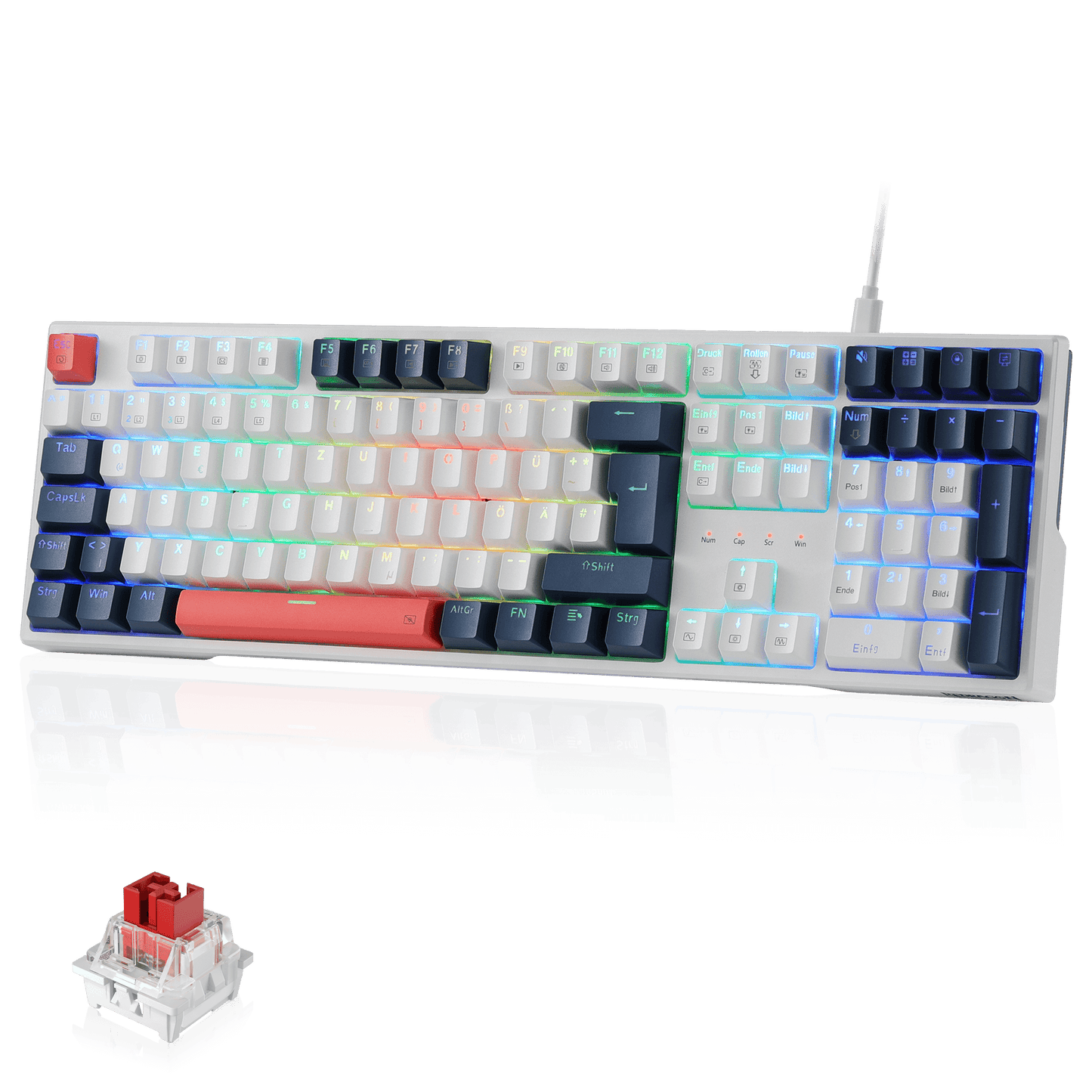 Redragon K668 QWERTZ-Layout Kabelgebundene Gaming-Tastatur, 105+4 Tasten Tastatur, Hot-Swap Sockel, Leise Roten Schaltern, Mischfarben-Tastenkappen, RGB-Hintergrundbeleuchtung, Multimedia-Shortcuts, Redragon EU