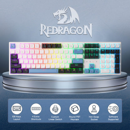 Redragon EU keyboard with RGB lighting on a gray platform, featuring the Redragon EU logo above.