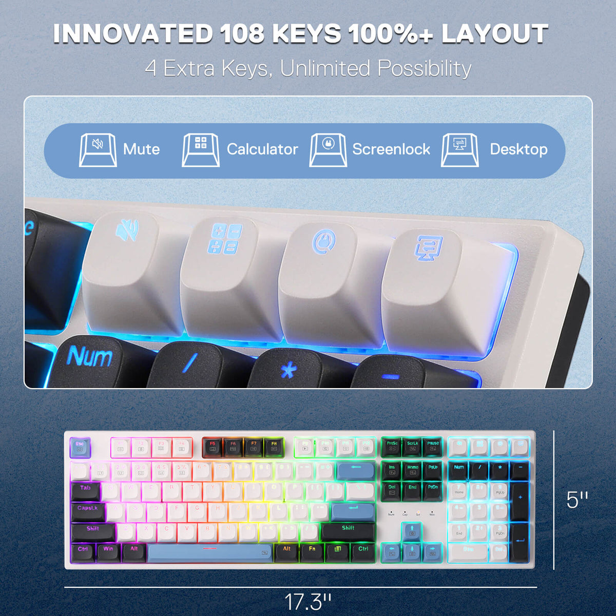 Redragon EU K668 Wired Gasket RGB Gaming Keyboard, 108 Keys Mechanical Keyboard w/Extra 4 Hotkeys, Upgraded Hot-swappable Socket, Sound Absorbing Foam, Mixed Color Keycaps, Custom Linear Switch
