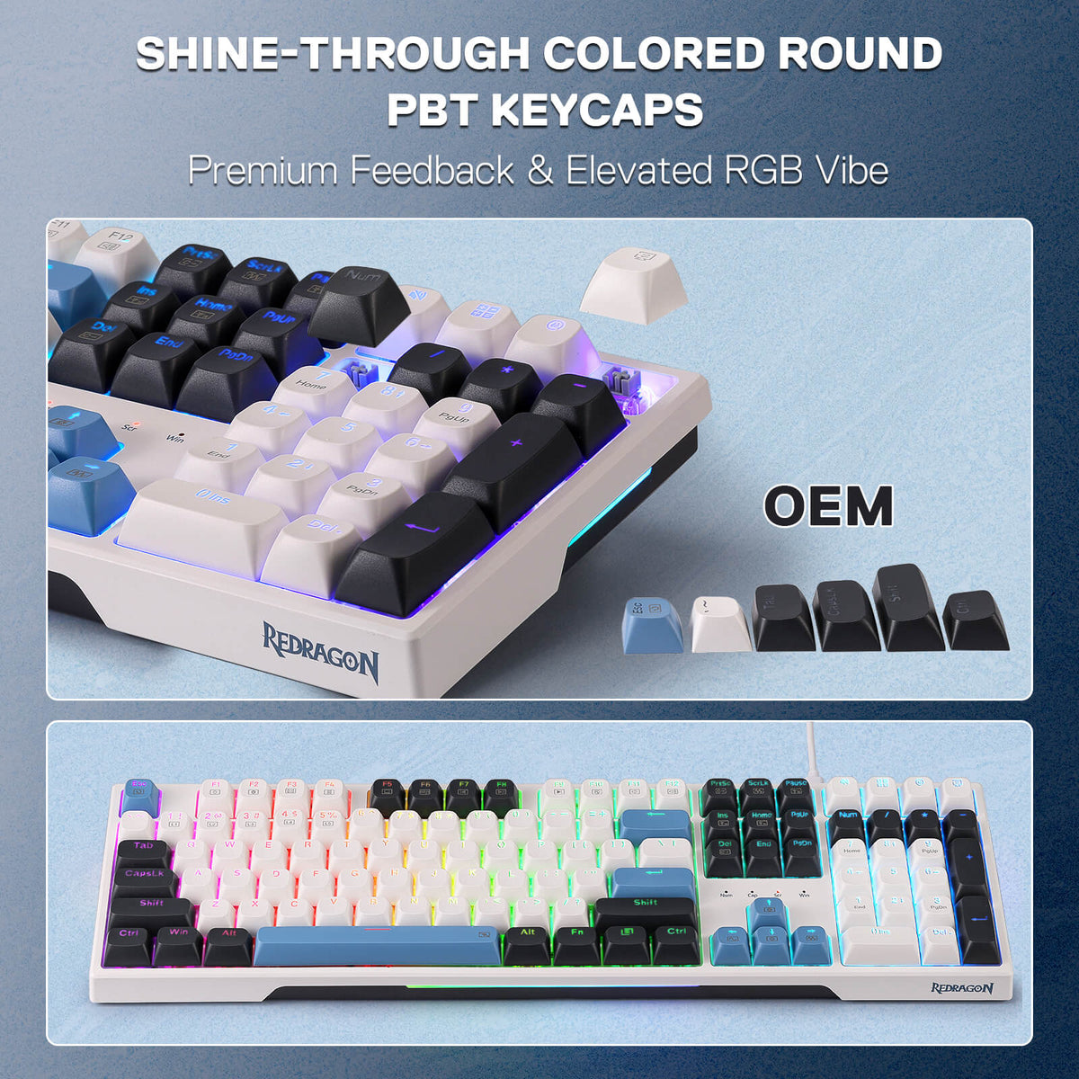Mechanical keyboard with RGB lighting and 'Redragon EU' branding on a blue background