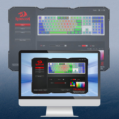 Redragon EU software interface on a computer screen with a blue gradient background