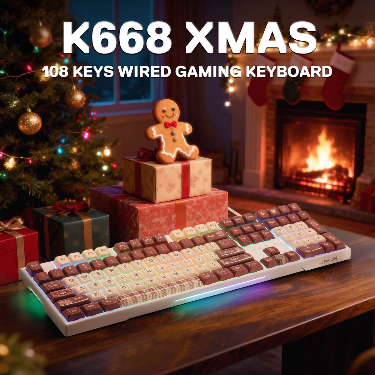 Redragon EU K668 Xmas Wired Gasket RGB Gaming Keyboard, 108 Keys Mechanical Keyboard w/Extra 4 Hotkeys, Upgraded Hot-swappable Socket, Sound Absorbing Foam, Christmas Gingerbread Man Themed Cute Keycaps
