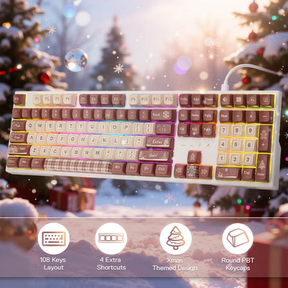 Redragon EU K668 Xmas Wired Gasket RGB Gaming Keyboard, 108 Keys Mechanical Keyboard w/Extra 4 Hotkeys, Upgraded Hot-swappable Socket, Sound Absorbing Foam, Christmas Gingerbread Man Themed Cute Keycaps