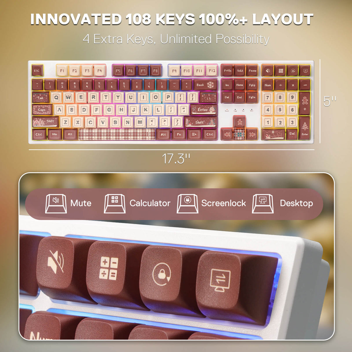 Redragon EU K668 Xmas Wired Gasket RGB Gaming Keyboard, 108 Keys Mechanical Keyboard w/Extra 4 Hotkeys, Upgraded Hot-swappable Socket, Sound Absorbing Foam, Christmas Gingerbread Man Themed Cute Keycaps