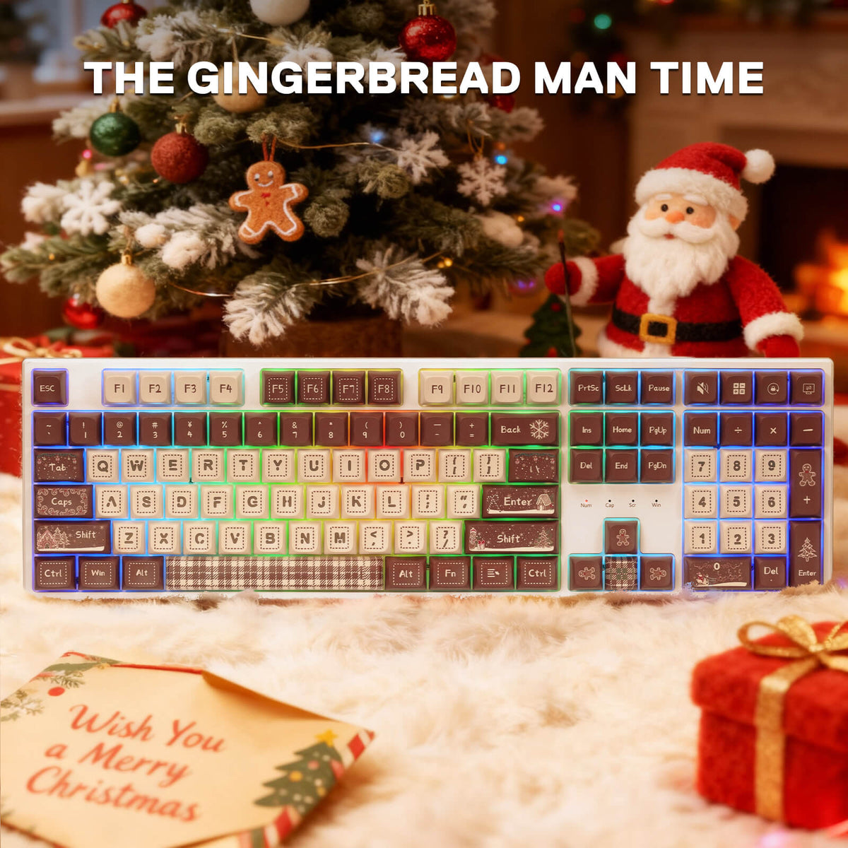 Redragon EU K668 Xmas Wired Gasket RGB Gaming Keyboard, 108 Keys Mechanical Keyboard w/Extra 4 Hotkeys, Upgraded Hot-swappable Socket, Sound Absorbing Foam, Christmas Gingerbread Man Themed Cute Keycaps