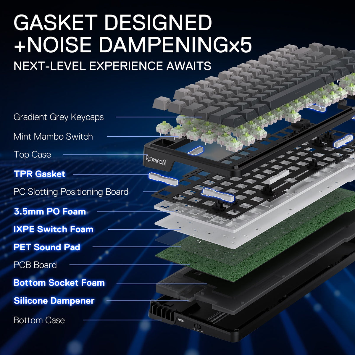Redragon EU K673 GB 75% Wireless Gasket RGB Gaming Keyboard, 3-Modes 81 Keys PBT Compact Mechanical Keyboard w/Hot-Swap Socket, Dedicated Knob Control & 5-Layer Noise Dampening, Custom Linear Switch