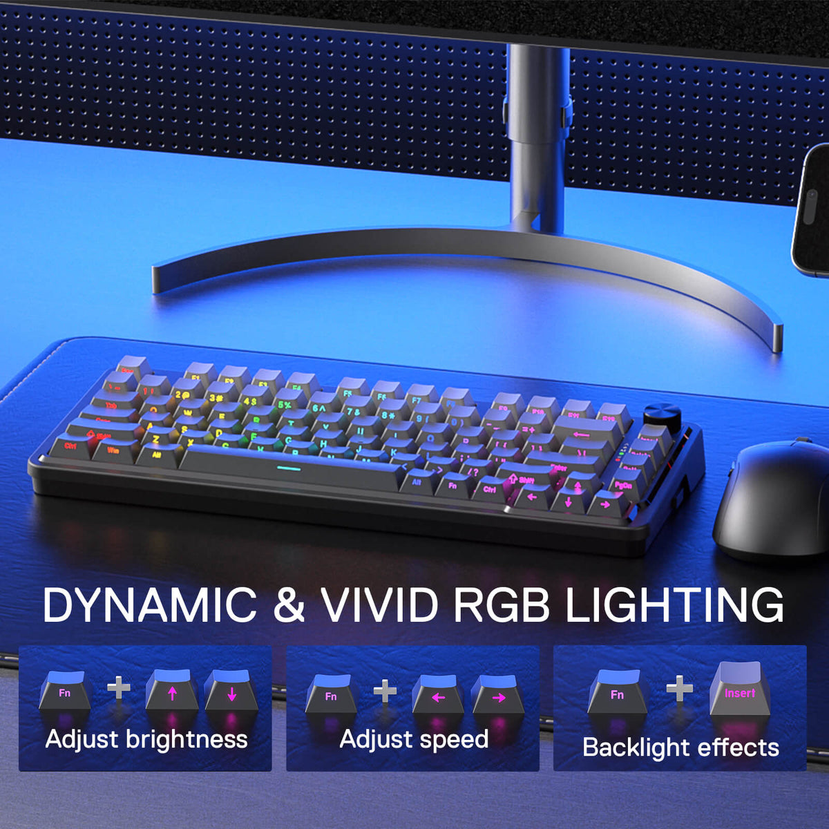Redragon EU K673 GB 75% Wireless Gasket RGB Gaming Keyboard, 3-Modes 81 Keys PBT Compact Mechanical Keyboard w/Hot-Swap Socket, Dedicated Knob Control & 5-Layer Noise Dampening, Custom Linear Switch