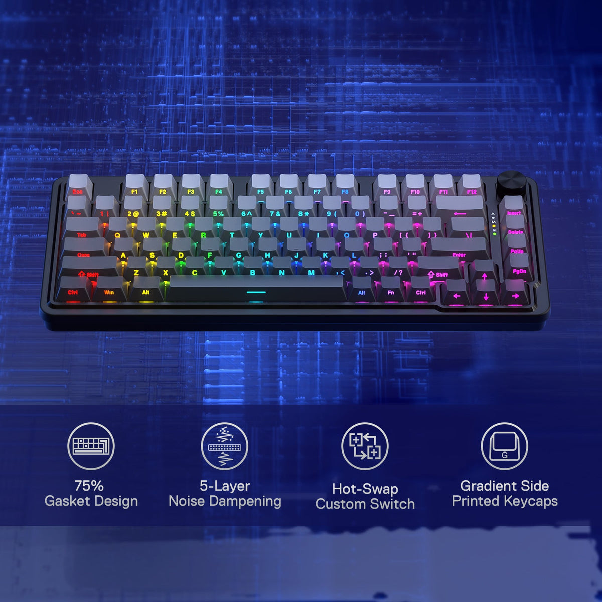 Redragon EU K673 GB 75% Wireless Gasket RGB Gaming Keyboard, 3-Modes 81 Keys PBT Compact Mechanical Keyboard w/Hot-Swap Socket, Dedicated Knob Control & 5-Layer Noise Dampening, Custom Linear Switch