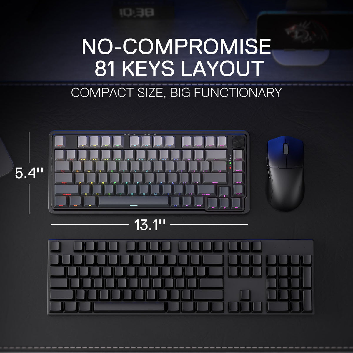 Redragon EU K673 GB 75% Wireless Gasket RGB Gaming Keyboard, 3-Modes 81 Keys PBT Compact Mechanical Keyboard w/Hot-Swap Socket, Dedicated Knob Control & 5-Layer Noise Dampening, Custom Linear Switch