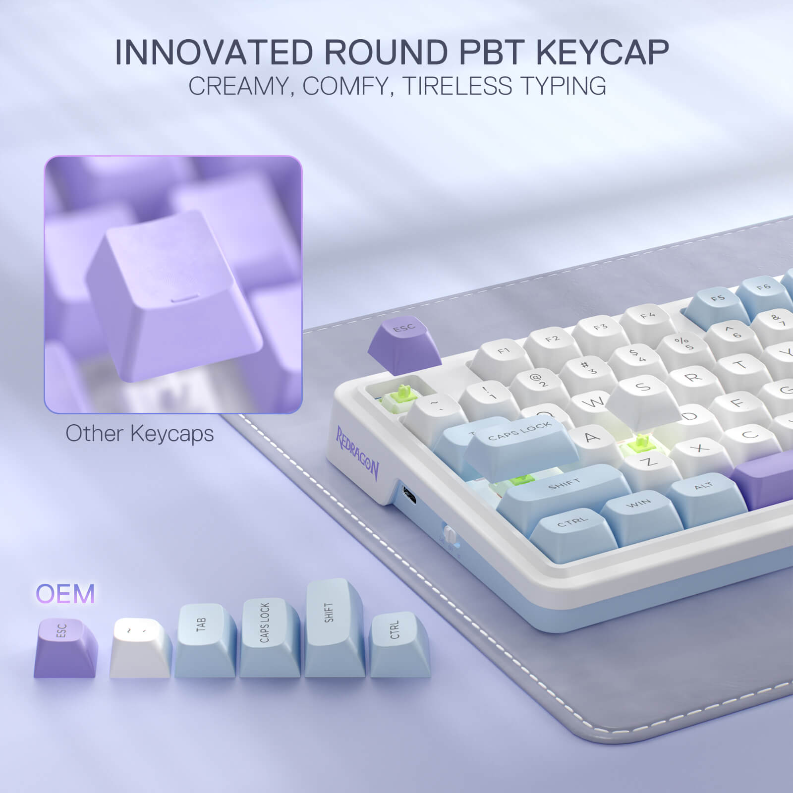 Redragon EU UCAL MAX K673 MOA Keycaps 75% 81 Hot-Swappable Gaming Keyboard in Moonrise Violet with OEM Profile PBT Round Keycaps