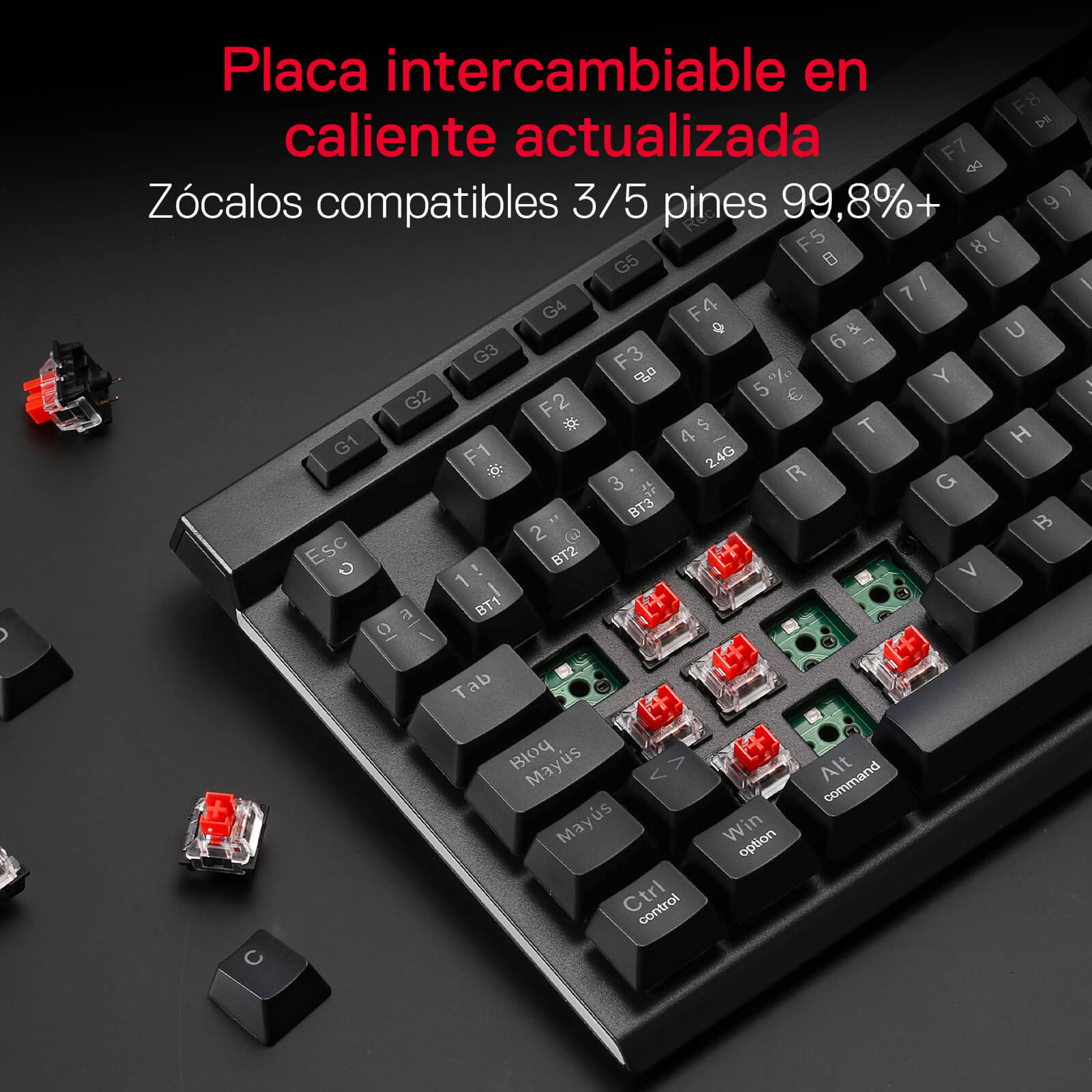 Teclado inalámbrico RGB para juegos Redragon K580 PRO con distribución QWERTY, teclas G para macros y rueda multimedia | Modo triple sin retardo, 5 teclas combinadas integradas, preparado para juegos MMO y MOBA, modo triple sin retardo para múltiples dispositivos, zócalo intercambiable