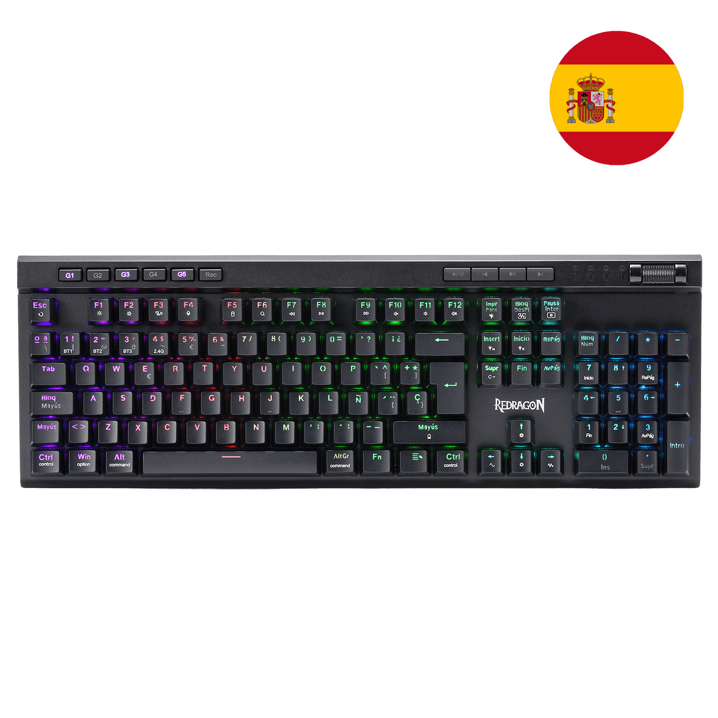 Teclado inalámbrico RGB para juegos Redragon K580 PRO con distribución QWERTY, teclas G para macros y rueda multimedia | Modo triple sin retardo, 5 teclas combinadas integradas, preparado para juegos MMO y MOBA, modo triple sin retardo para múltiples dispositivos, zócalo intercambiable