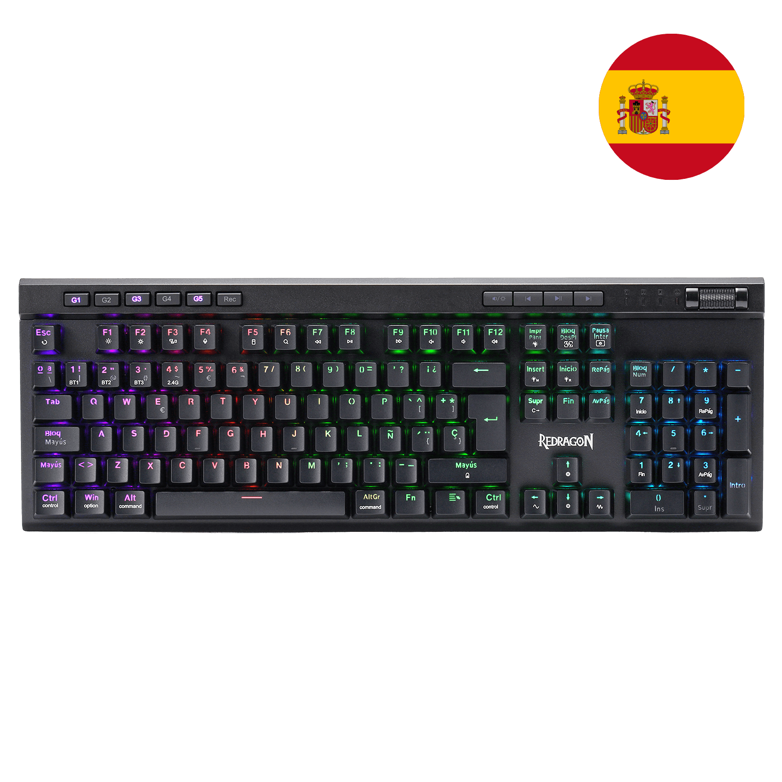 Teclado inalámbrico RGB para juegos Redragon K580 PRO con distribución QWERTY, teclas G para macros y rueda multimedia | Modo triple sin retardo, 5 teclas combinadas integradas, preparado para juegos MMO y MOBA, modo triple sin retardo para múltiples dispositivos, zócalo intercambiable