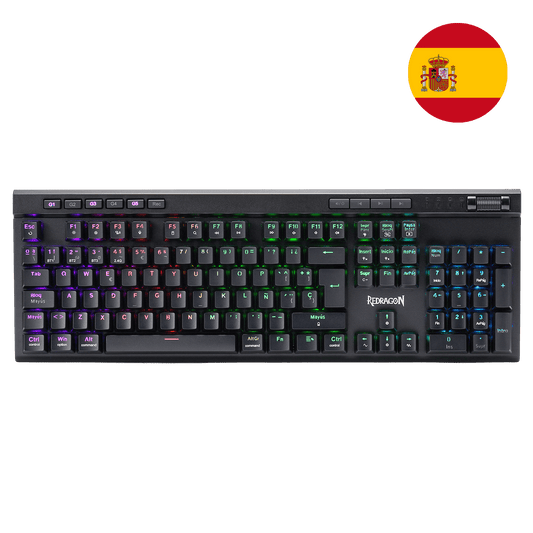 Teclado inalámbrico RGB para juegos Redragon K580 PRO con distribución QWERTY, teclas G para macros y rueda multimedia | Modo triple sin retardo, 5 teclas combinadas integradas, preparado para juegos MMO y MOBA, modo triple sin retardo para múltiples dispositivos, zócalo intercambiable